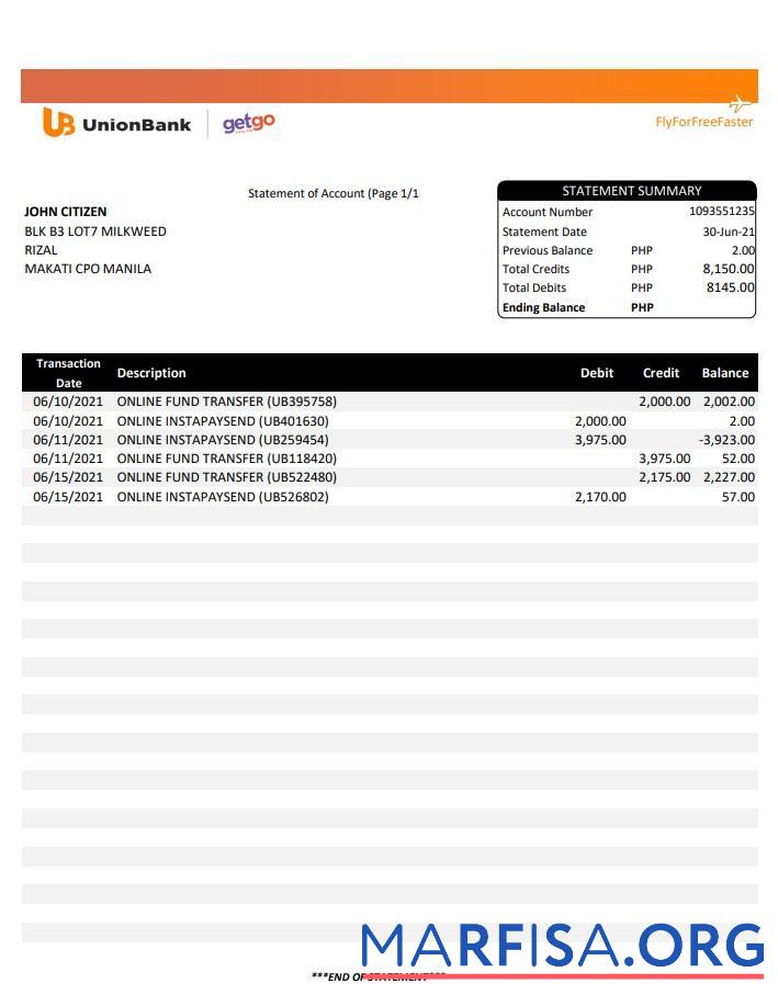 Realistic Philippines Unionbank statement excel template
